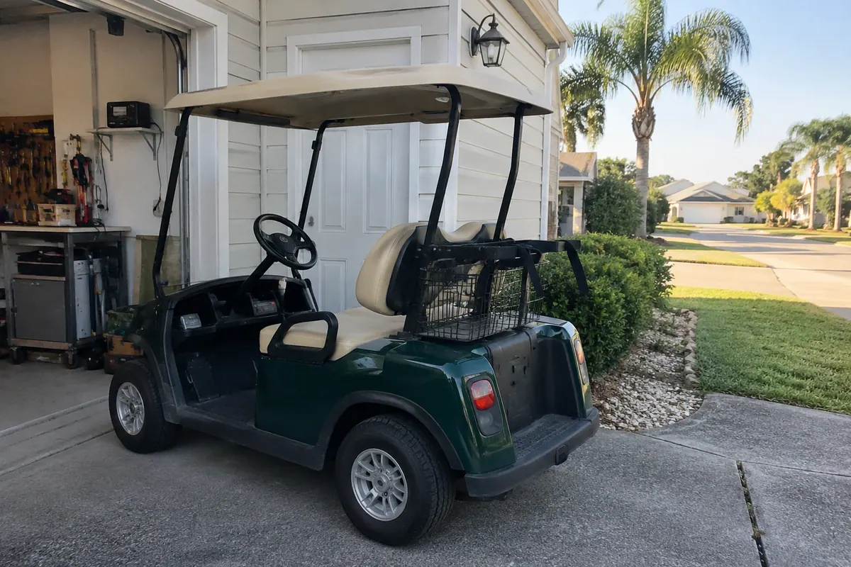 Golf cart at a workshop for comparing service options near The Villages